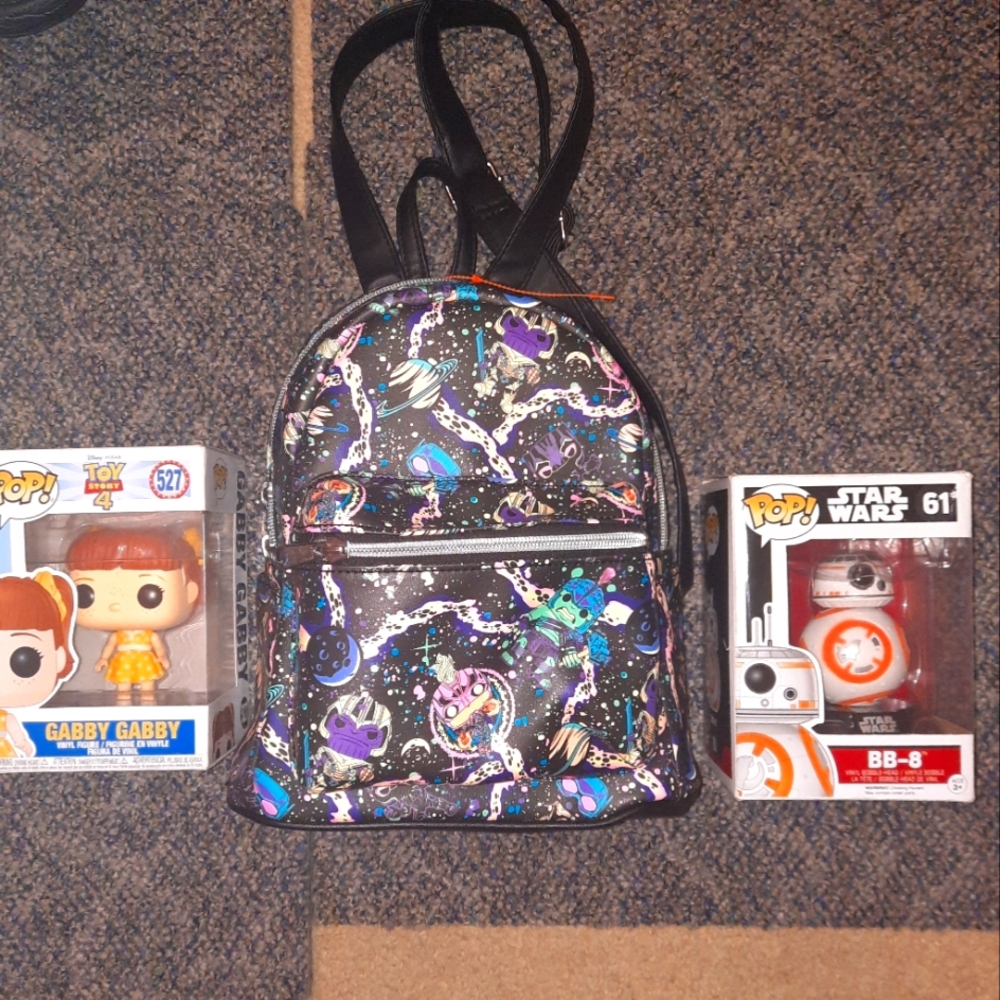 Funko Leather Backpack, with Funko Star Wars 61 Bb-8, and Funko Gaby Gaby.